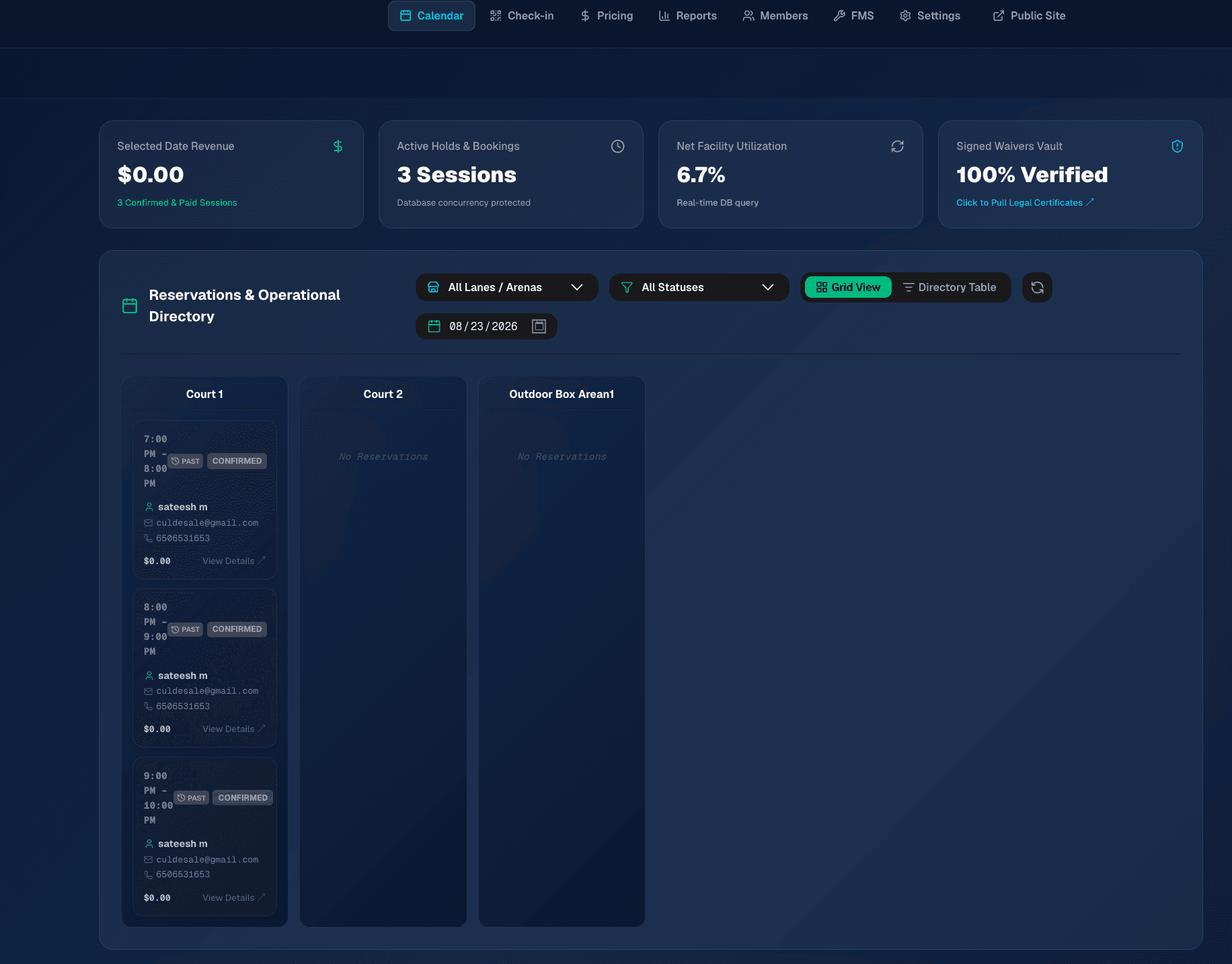 Sports Facility Admin Calendar Interface